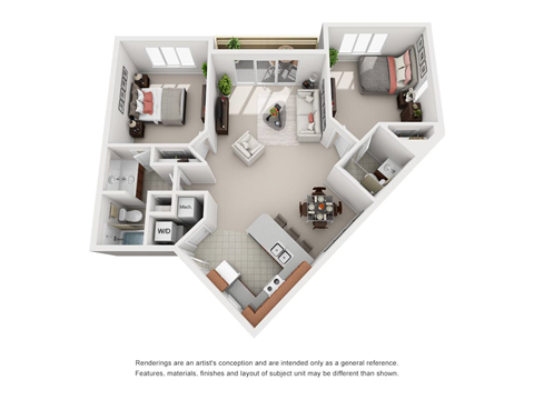 Floor plan for 2 beds, 2 baths, 985 sqft